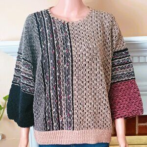 Pretense Popcorn Knit Sweater 18W Black Brown Color Block 3/4 Sleeves Pullover